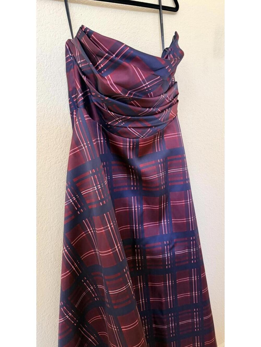 New Dessy Collection Tartan Strapless Gown In Cabernet Midnight Size 18 $325 - Picture 5 of 9